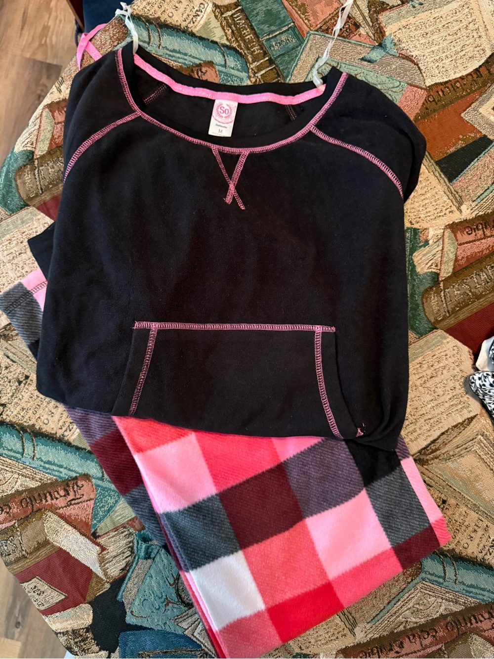 SO Black Pullover Hoodie with Pink Contrast Stitching & plaid pants
